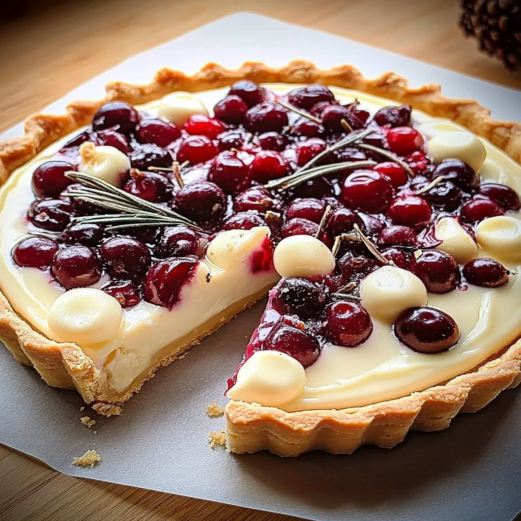 Delicious white chocolate cranberry tart garnished with fresh cranberries and mint.