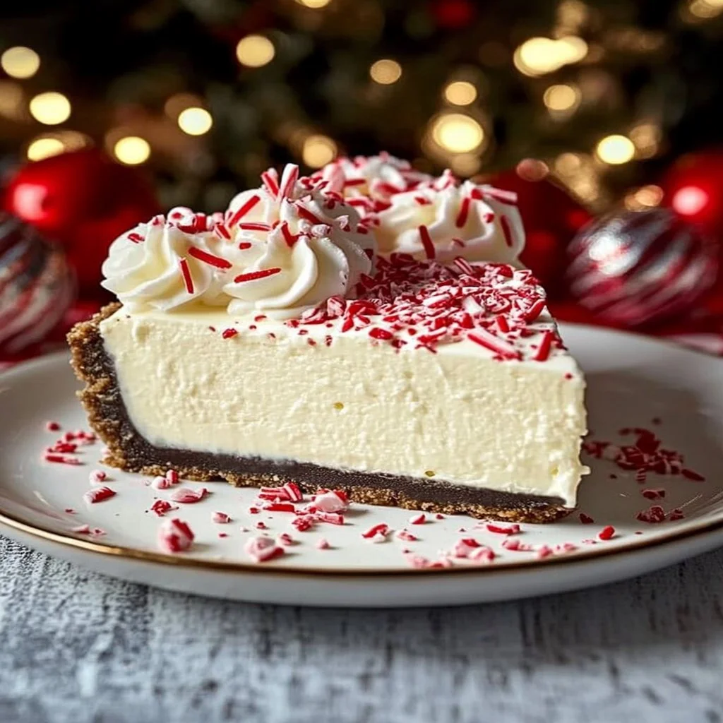Delicious slice of white chocolate peppermint cheesecake mousse pie on a plate