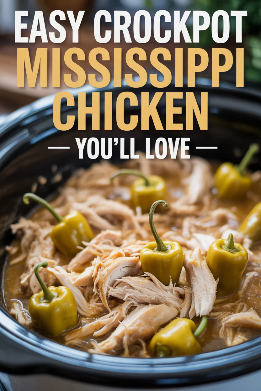 Pinterest style image for Crockpot Mississippi Chicken Recipe