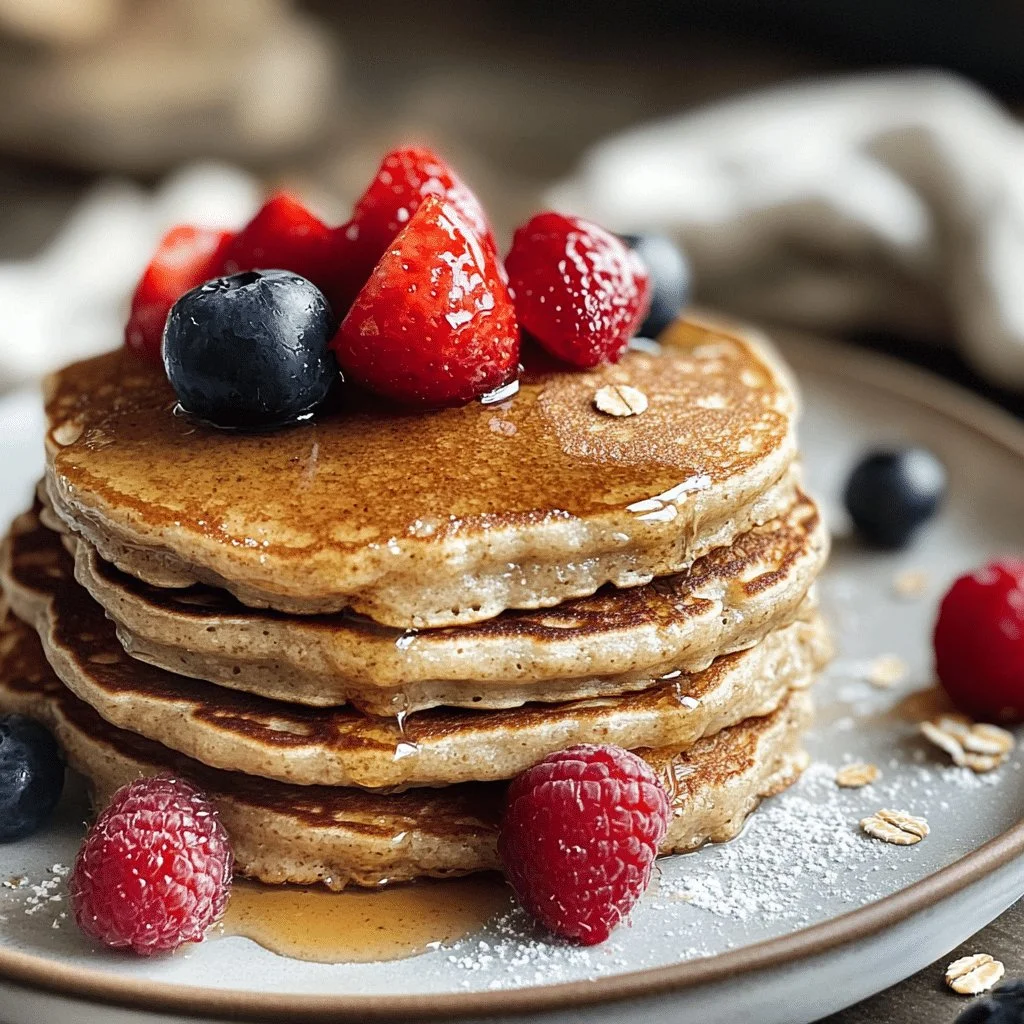 Three delicious flourless oat pancakes stacked on a plate