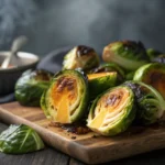 A close-up shot for Balsamic Roasted Brussels Sprouts with visible orange internal marbling
