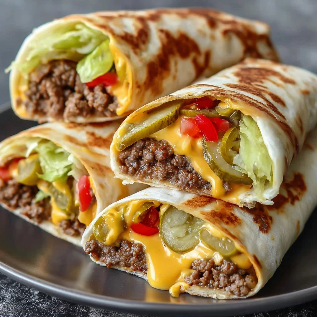 Crispy air fryer cheeseburger wraps filled with cheese and beef