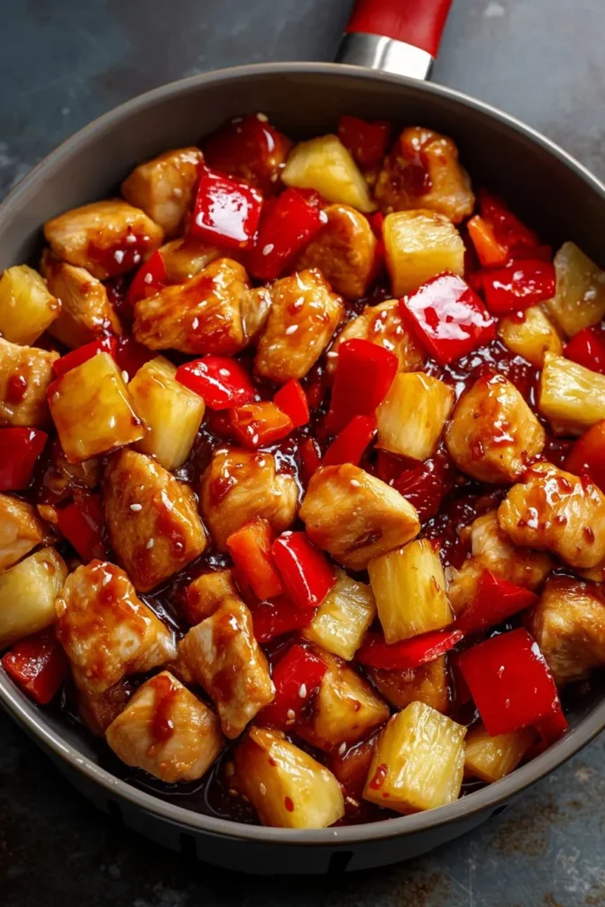 Air Fryer Pineapple Chicken served on a plate garnished with fresh herbs.