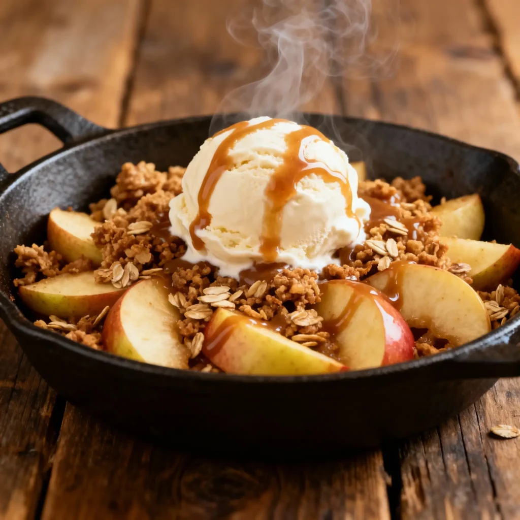 Warm apple crisp with golden oat crumble, melting vanilla ice cream and cinnamon sprinkle in a rustic white dish.