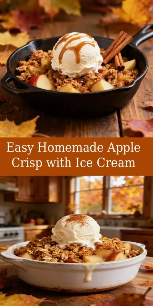 Tall shot apple crisp in cast‑iron skillet topped with vanilla ice cream and caramel drizzle, cozy fall background.