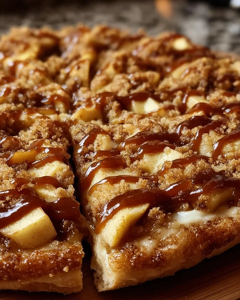 Delicious slice of Apple Crisp Pizza Dessert with fresh apples and crispy topping