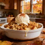 Warm apple crisp with golden oat crumble, melting vanilla ice cream and cinnamon sprinkle in a rustic white dish.