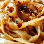 Aromatic garlic chilli noodles with soy sauce and vinegar on a plate