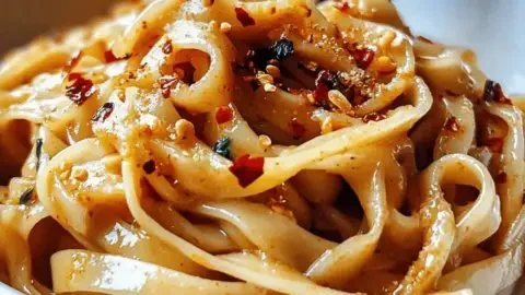 Aromatic garlic chilli noodles with soy sauce and vinegar on a plate
