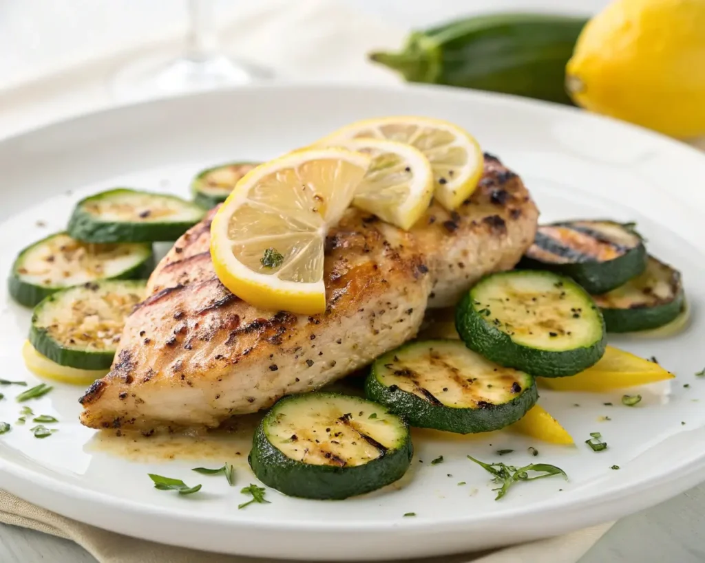 Grilled Chicken with Lemon Zucchini on white plate in modern kitchen