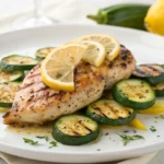 Grilled Chicken with Lemon Zucchini on white plate in modern kitchen