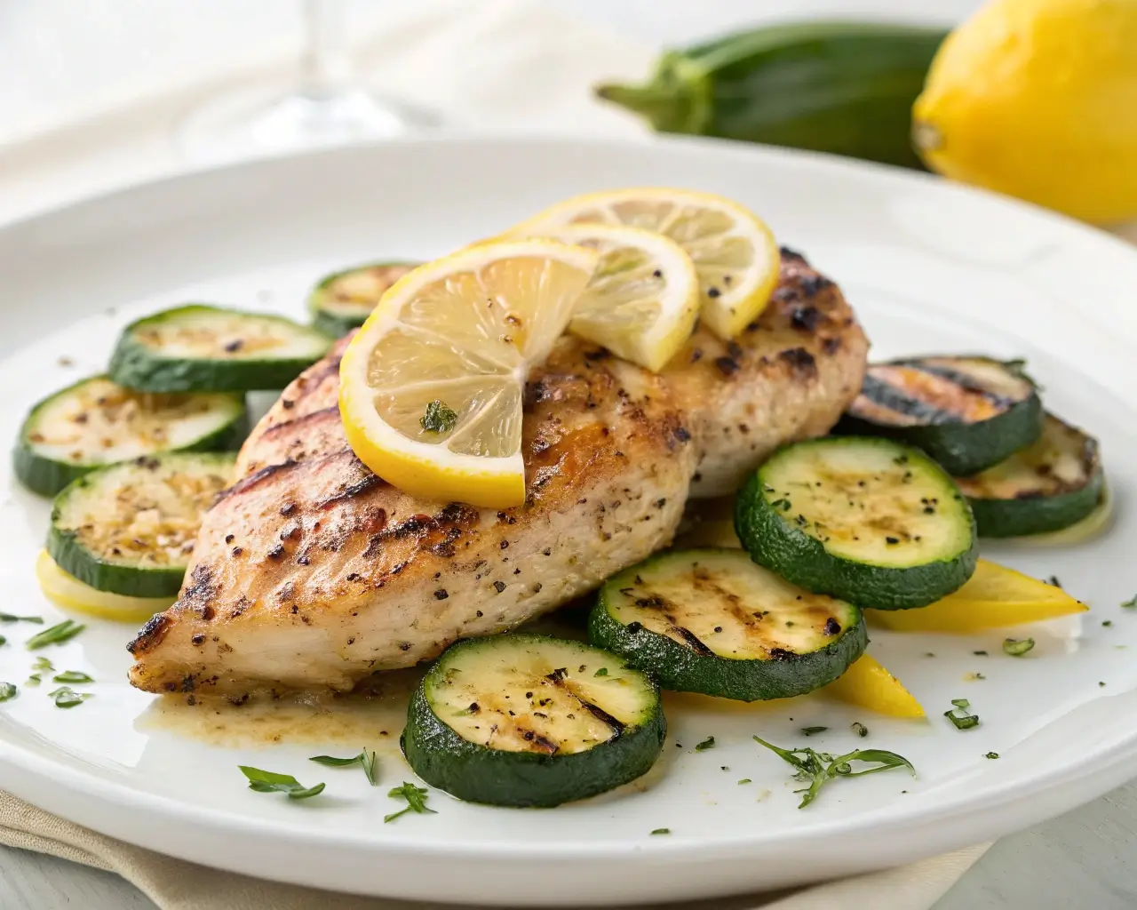 Grilled Chicken with Lemon Zucchini on white plate in modern kitchen