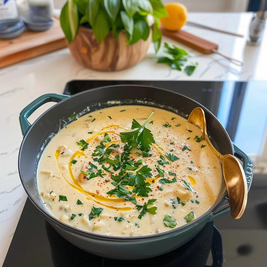 Bowl of creamy Avgolemono Soup garnished with lemon and herbs.