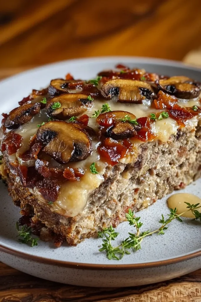 Delicious Bacon Mushroom Swiss Meatloaf ready to serve, showcasing rich ingredients.
