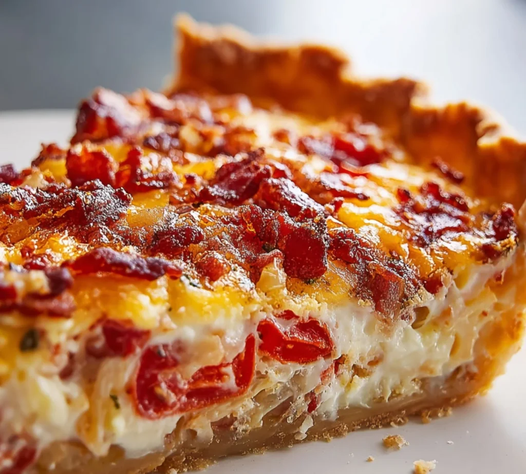 Bacon Onion Tomato Pie fresh out of the oven, golden and appetizing.
