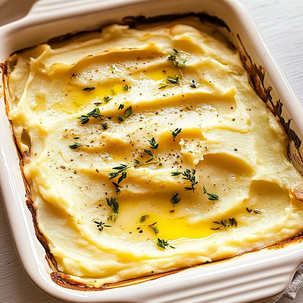 Delicious baked mashed potatoes topped with cheese and herbs