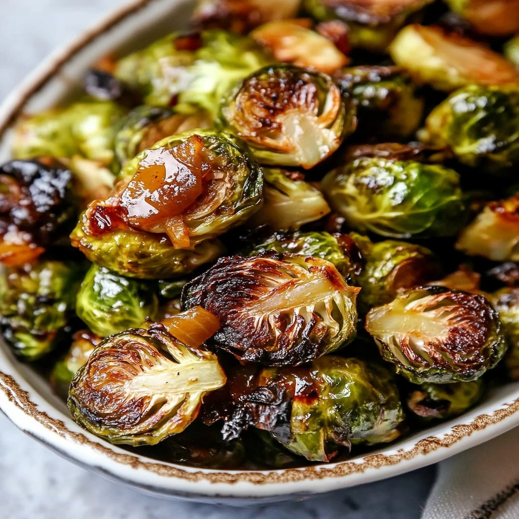 Delicious balsamic roasted Brussels sprouts served in a bowl.