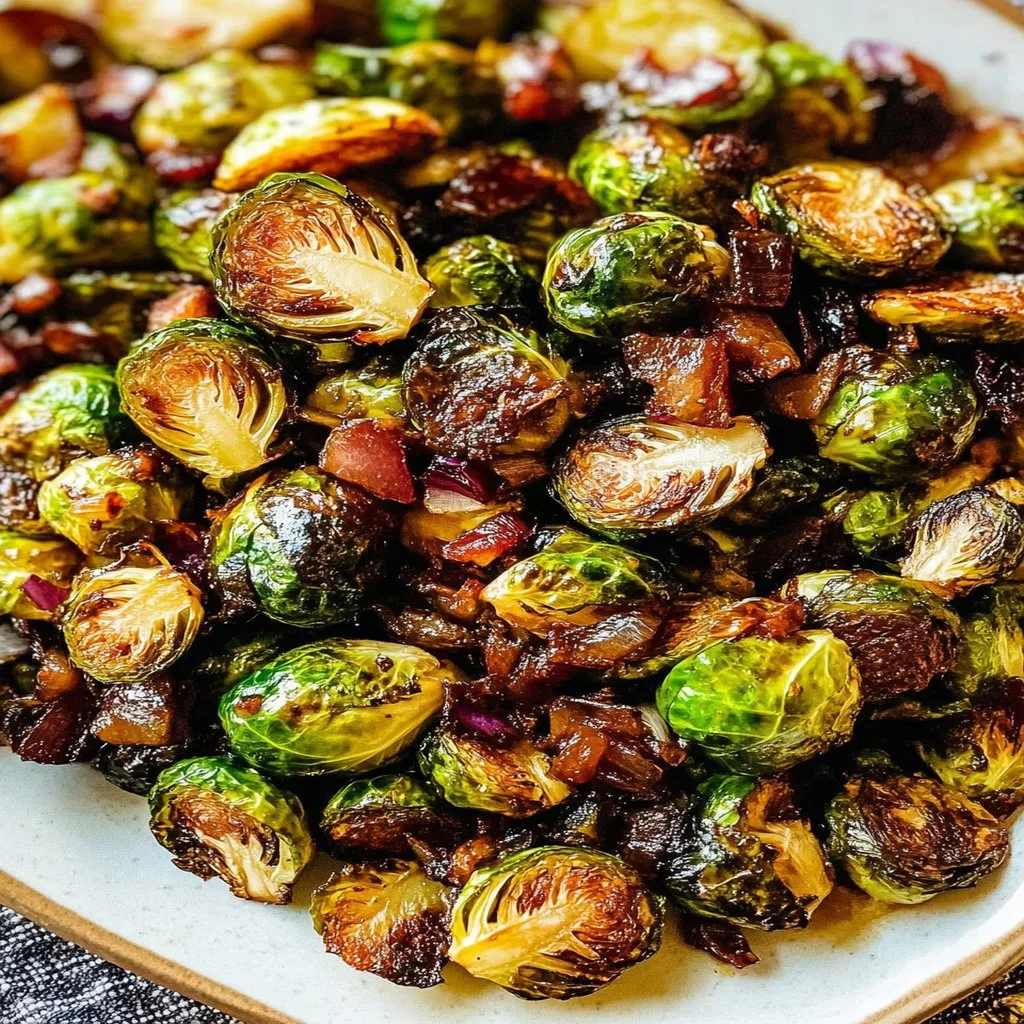 Balsamic roasted Brussels sprouts drizzled with balsamic glaze