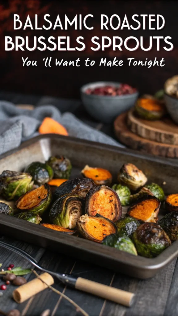 Balsamic Roasted Brussels Sprouts with visible orange internal marbling, with precise details on dark wooden surface with dramatic lighting