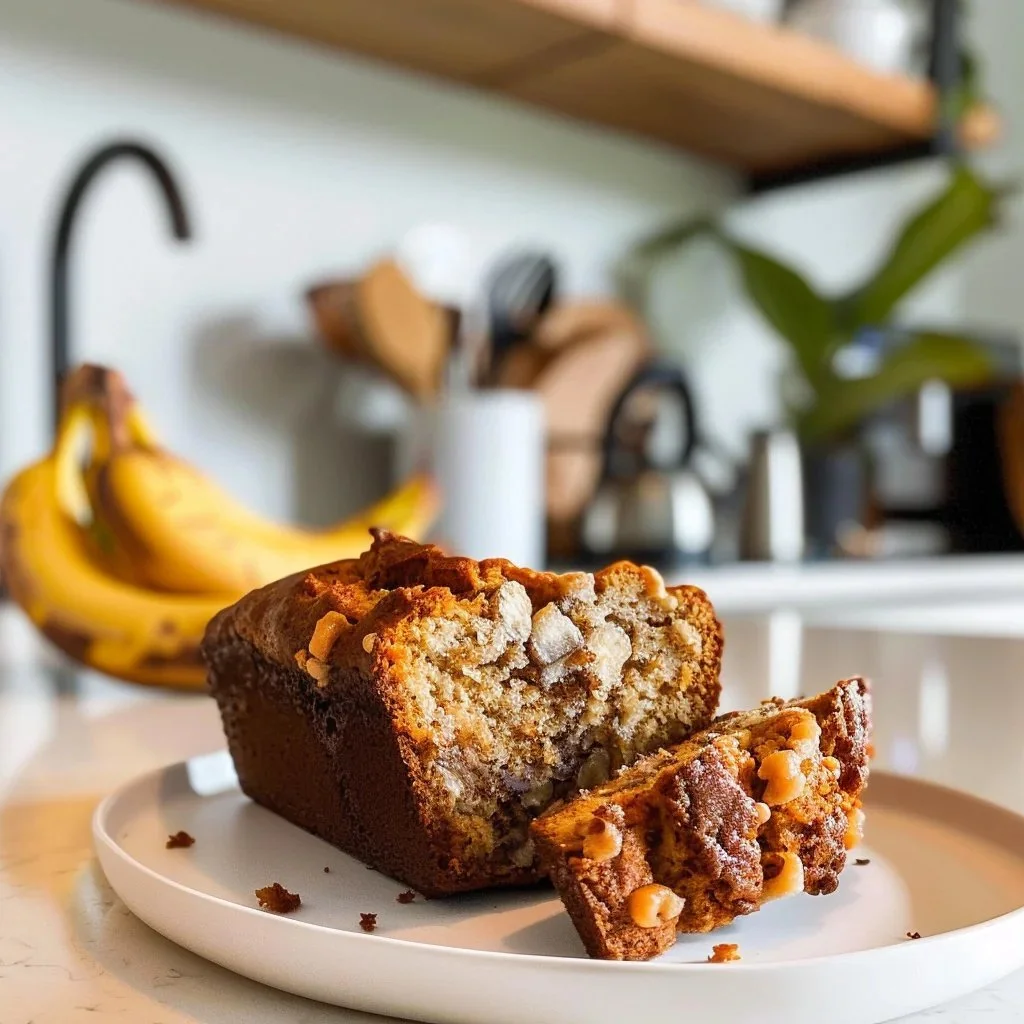 Delicious homemade banana bread with ripe bananas and walnuts