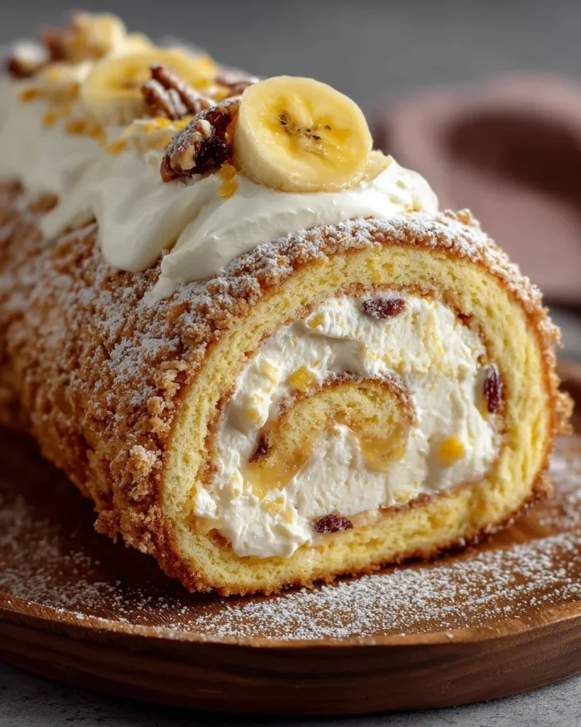 Delicious Banana Cake Cream Cheese Roll, a moist dessert with rich cream cheese frosting.