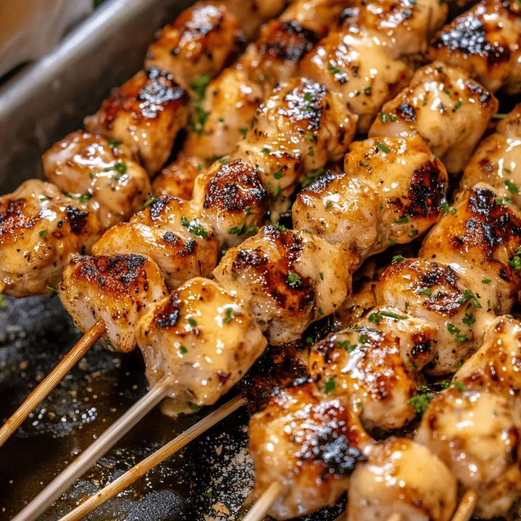 Delicious Bang Bang Chicken Skewers with spicy sauce and herbs