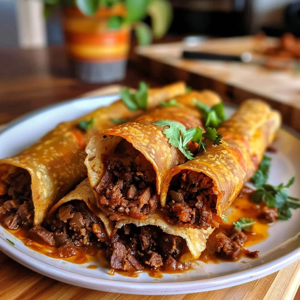Homemade beef taquitos ready to enjoy with salsa and toppings.