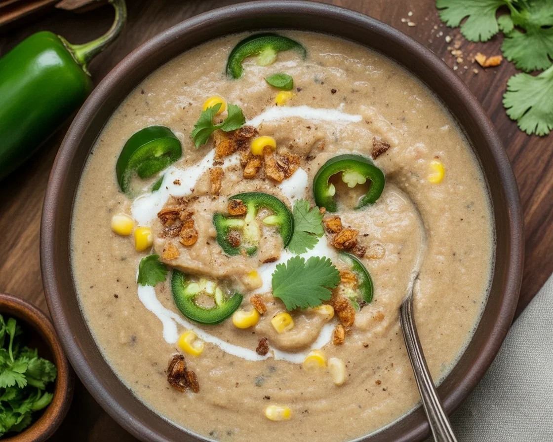 Bowl of Mexican Street Corn White Chicken Chili topped with cilantro and lime.