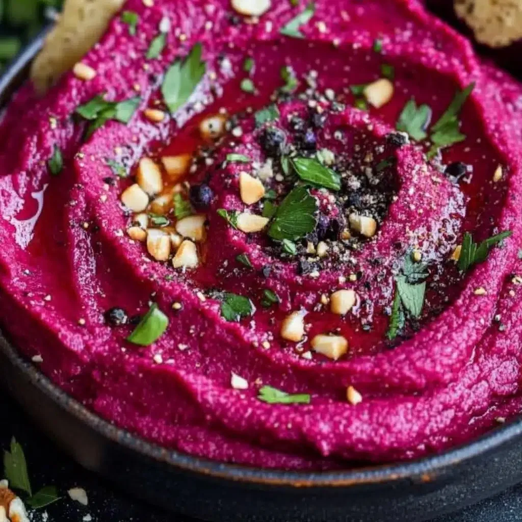 Bowl of Bloody Beet Hummus garnished with herbs and served with pita bread