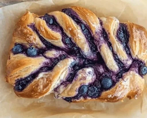 Freshly baked blueberry babka with a golden crust and blueberry filling
