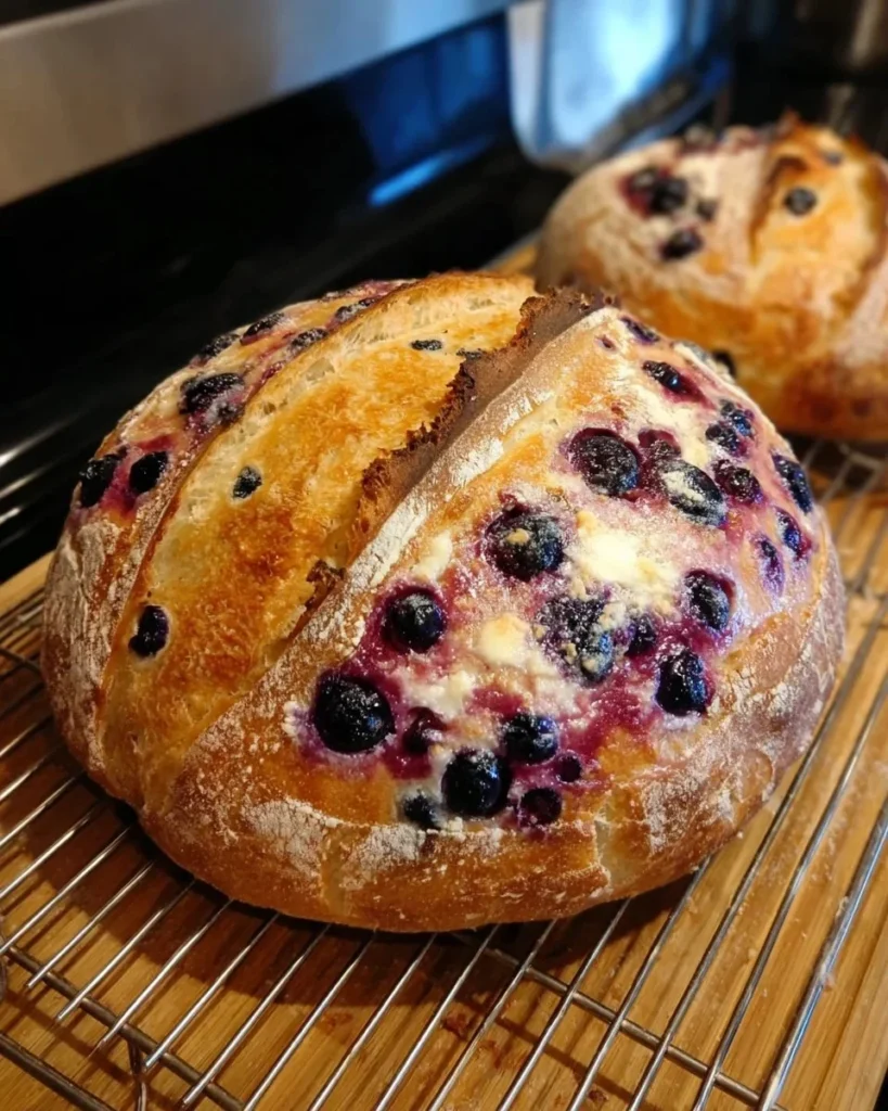 Blueberry Lemon Cream Cheese Sourdough Bread slice on a wooden board