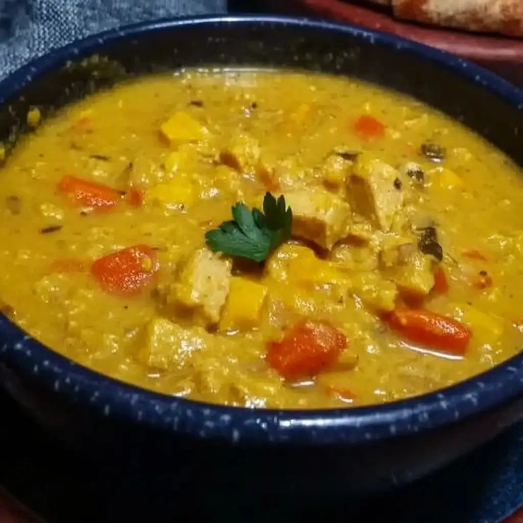 Bowl of bold and nourishing Mulligatawny Soup garnished with herbs and spices.