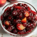 Bold and tangy cranberry apple chutney served on a holiday table.