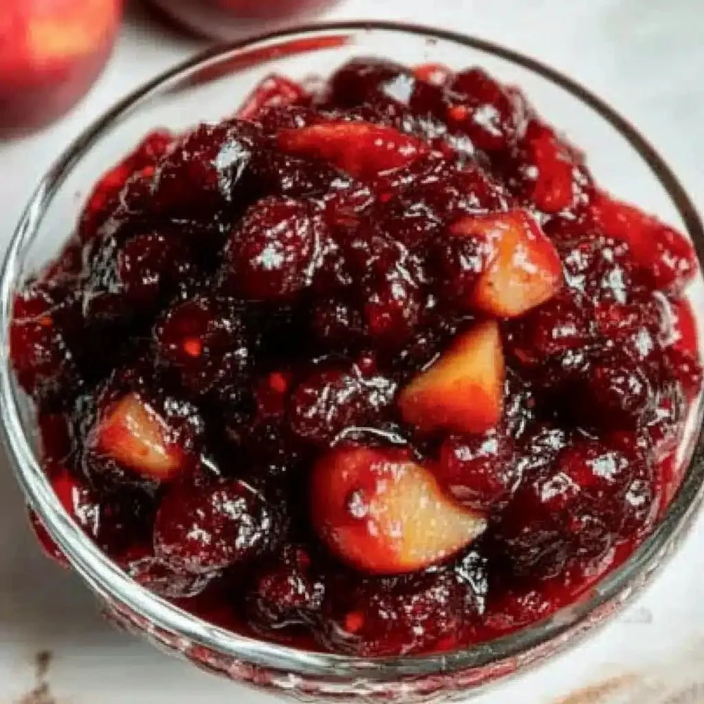 Bold and tangy cranberry apple chutney served on a holiday table.