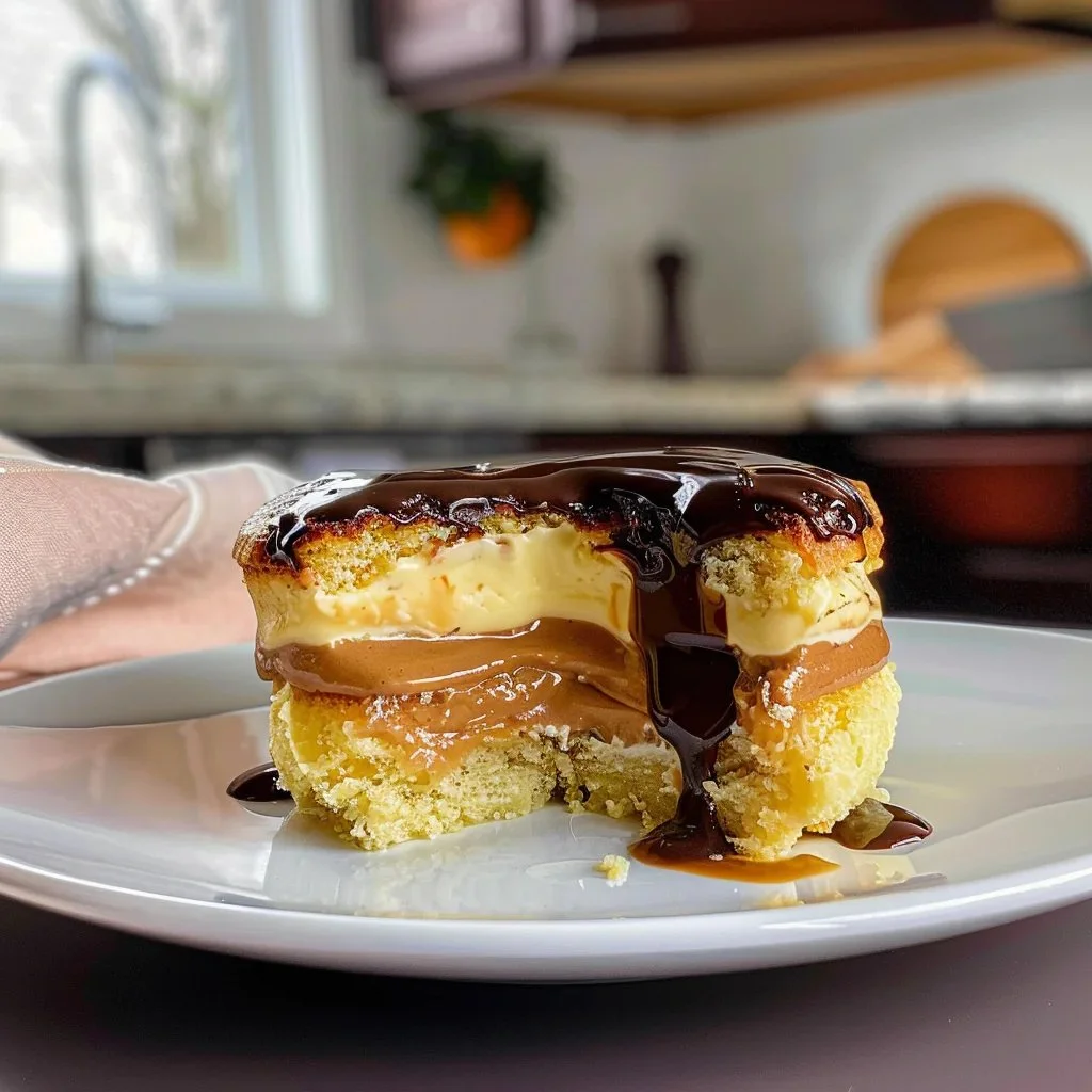 Delicious Boston Cream Pie with chocolate ganache and custard filling