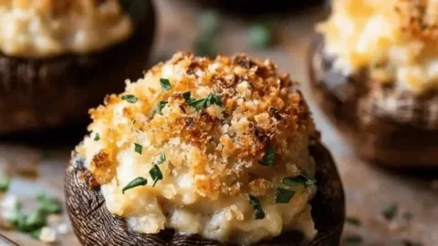 Boursin stuffed mushrooms with herbs and spices, perfect for appetizers.