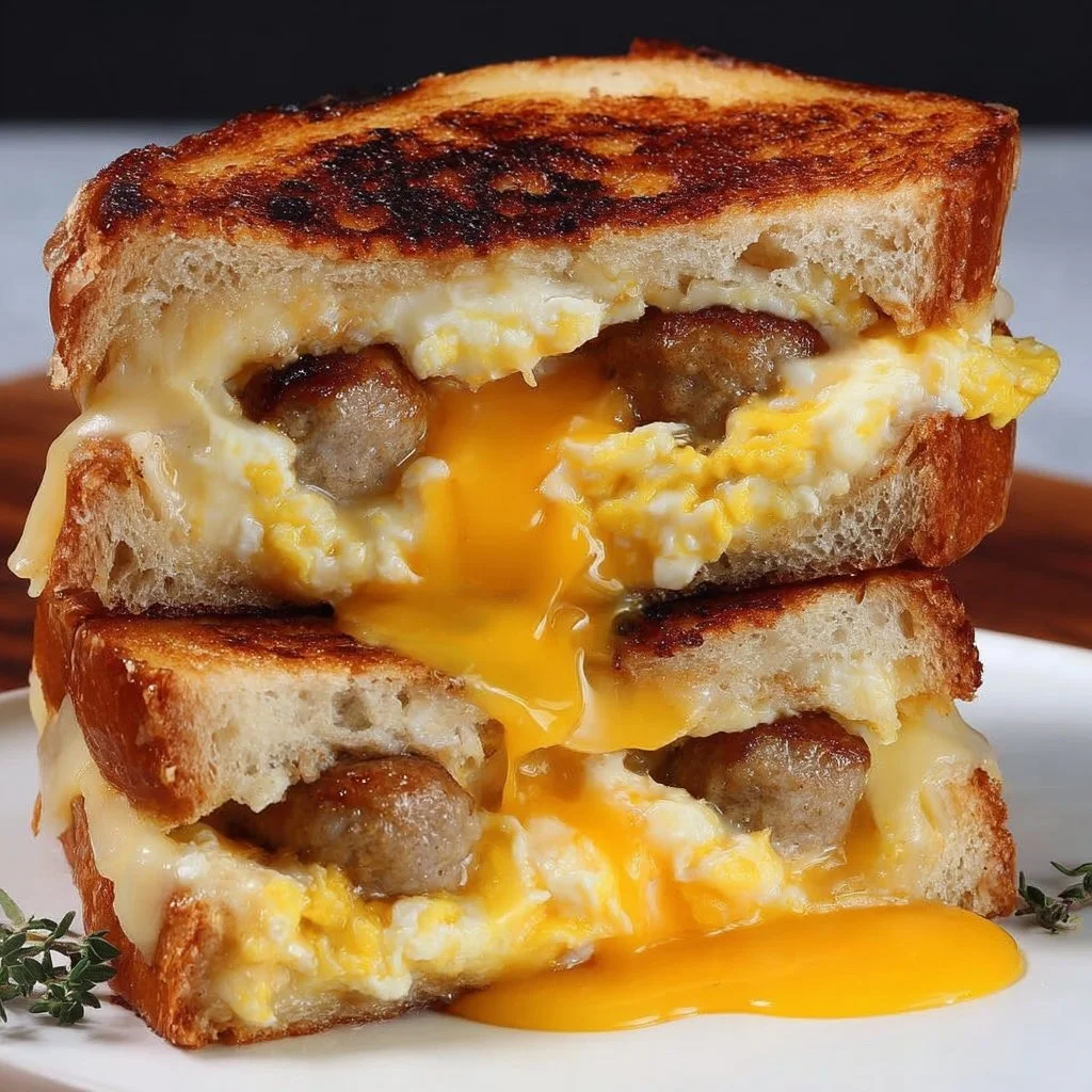 Delicious breakfast grilled cheese sandwich with melted cheese and crispy bread