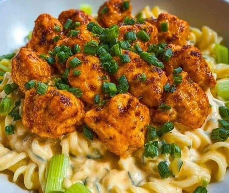 Buffalo Garlic Chicken Bites served with creamy Ranch Cajun Alfredo pasta.