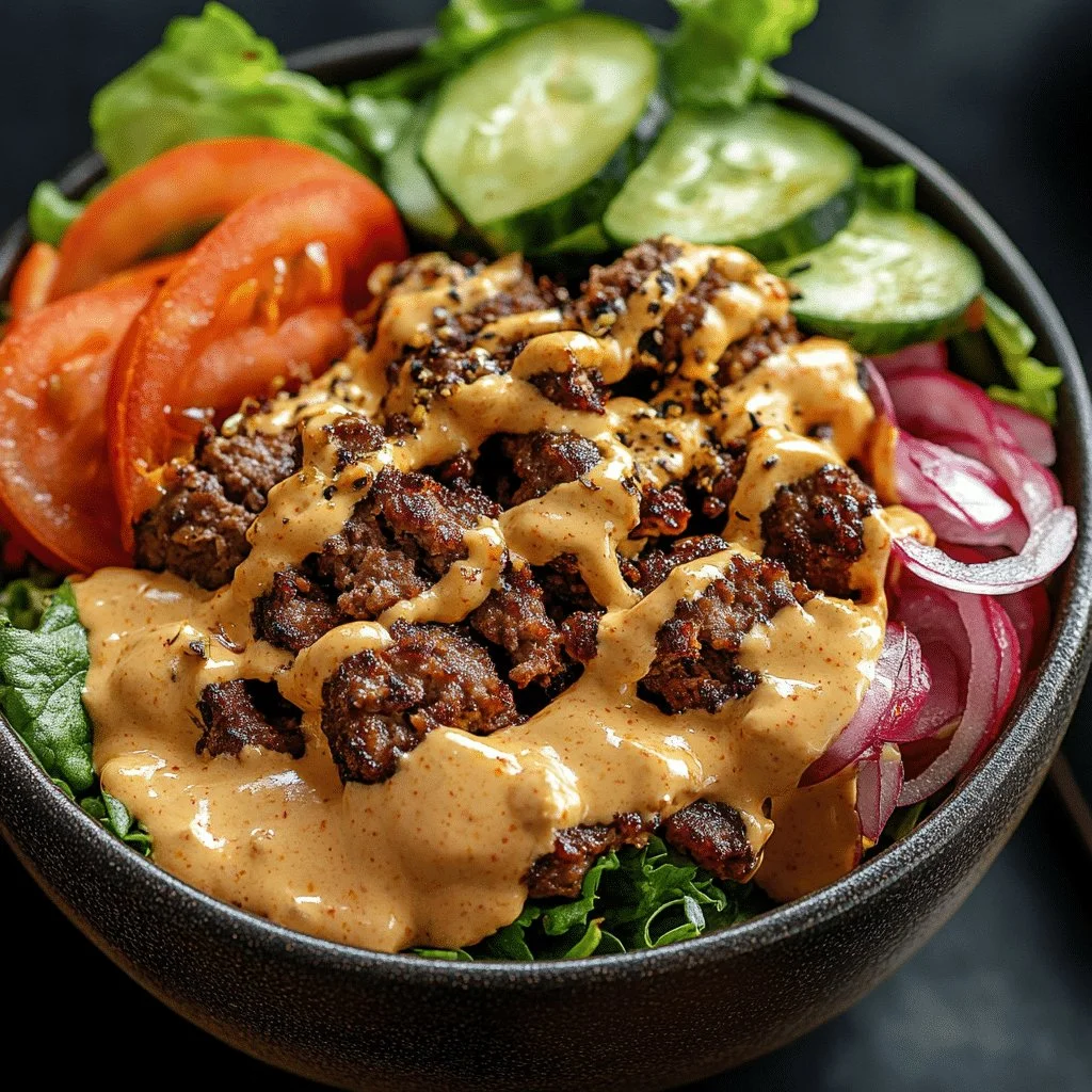A colorful and healthy burger bowl topped with fresh vegetables and protein.