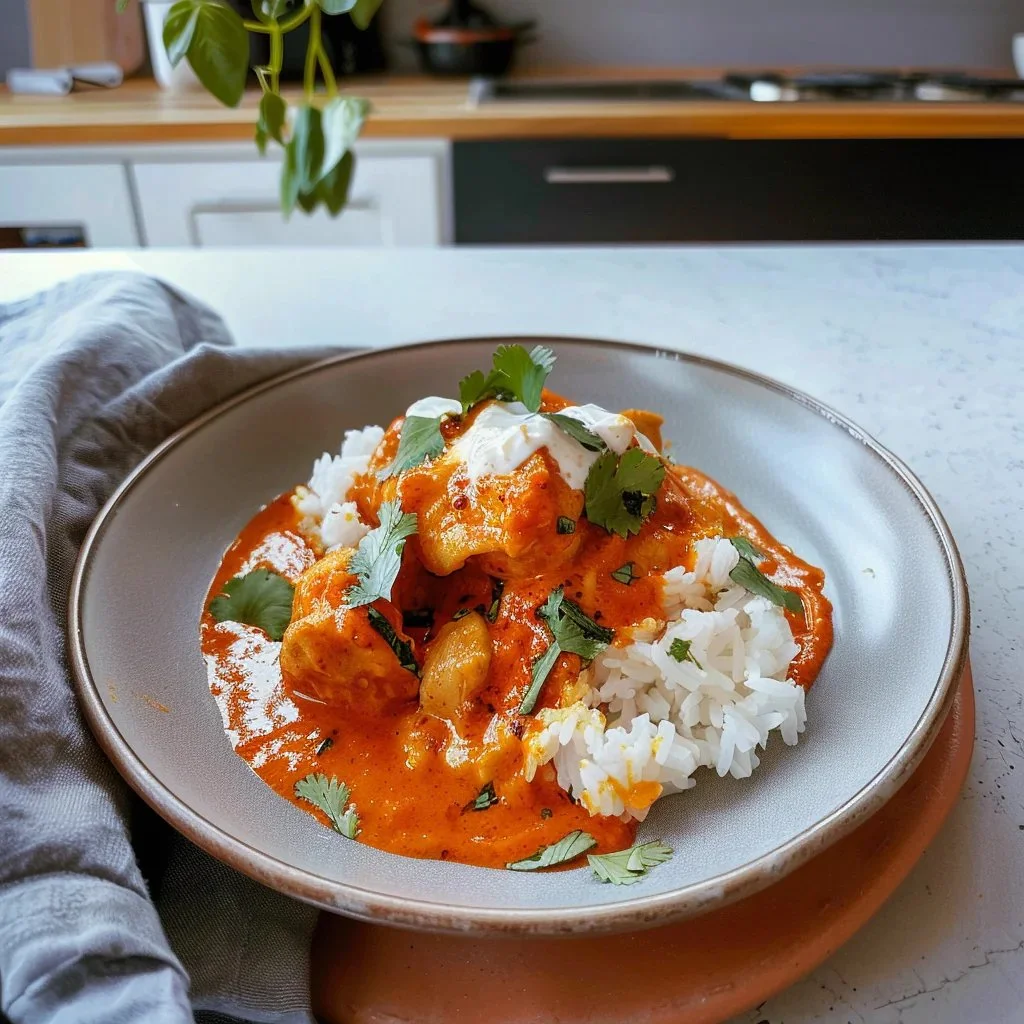Delicious Butter Chicken served with rice and naan, a popular Indian dish