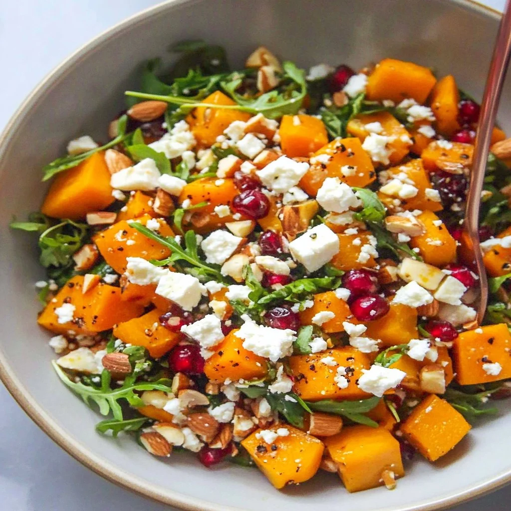 Delicious butternut squash feta salad with fresh greens and vibrant colors