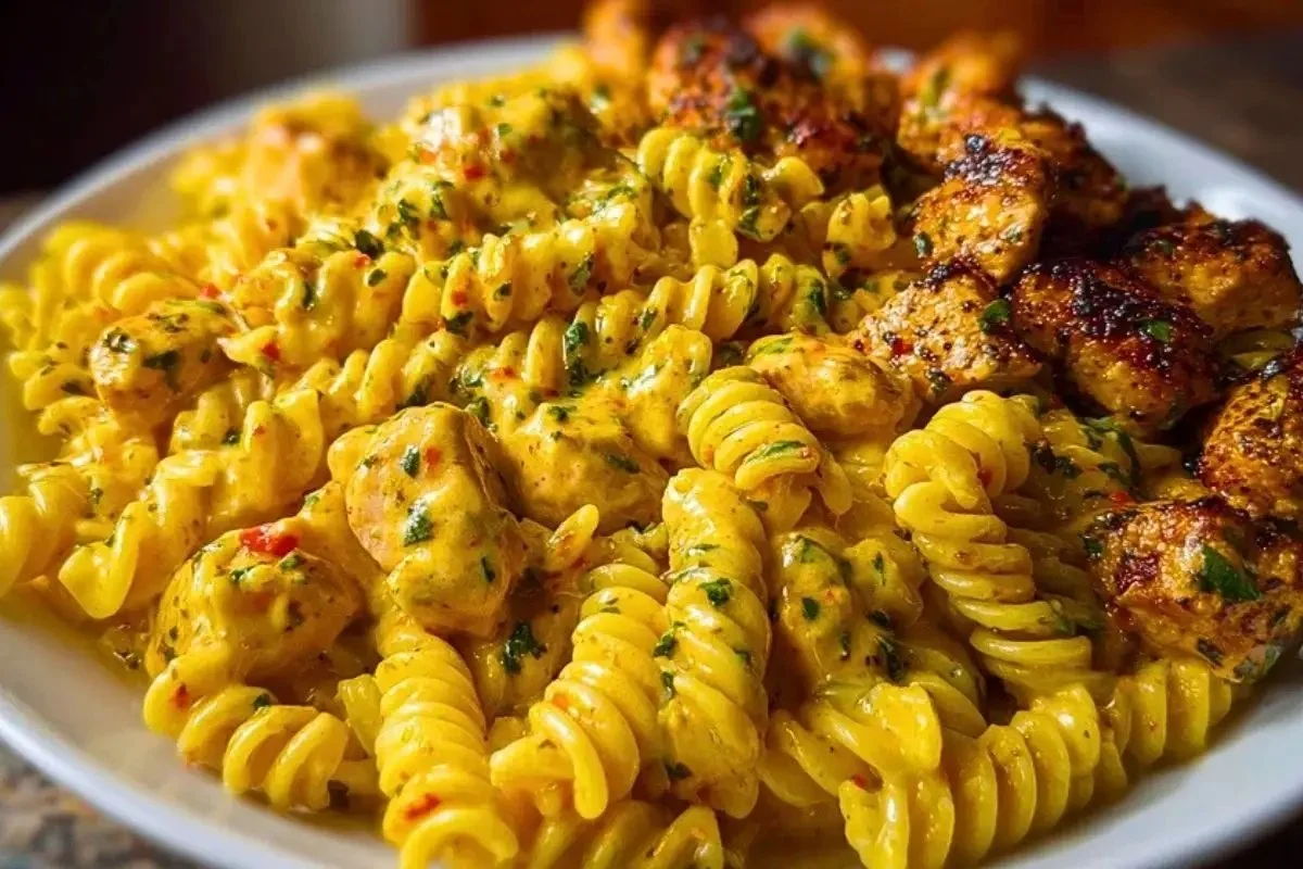 Plate of Cajun Chicken Rotini topped with creamy mozzarella Velveeta sauce