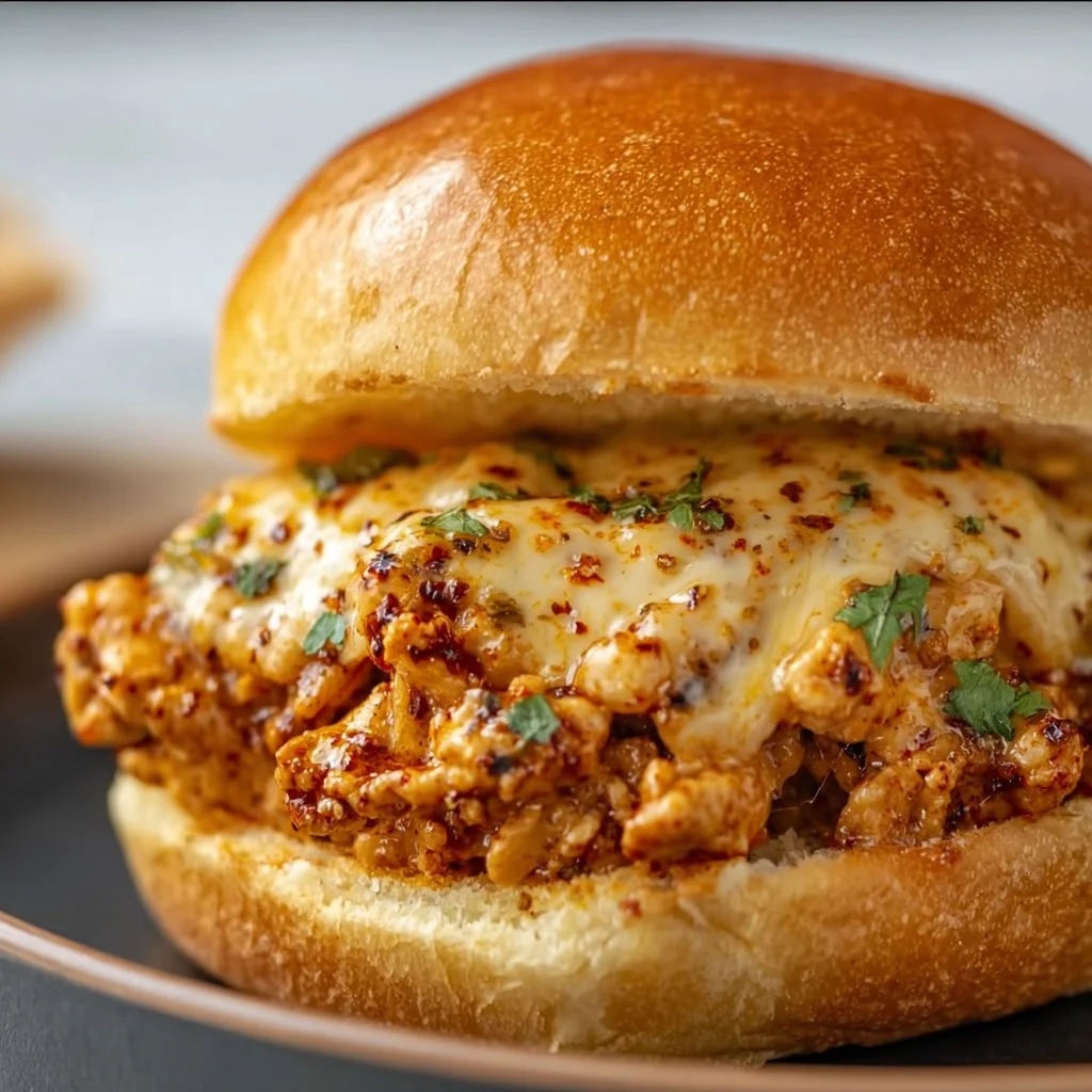 Cajun Chicken Sloppy Joes served with pickles and fries on a wooden table