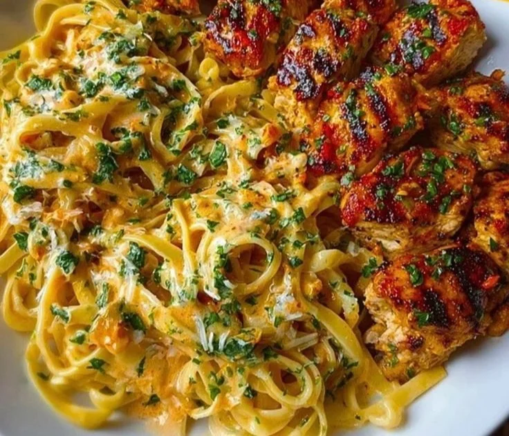 Cajun Chicken served with creamy garlic Parmesan linguine dish