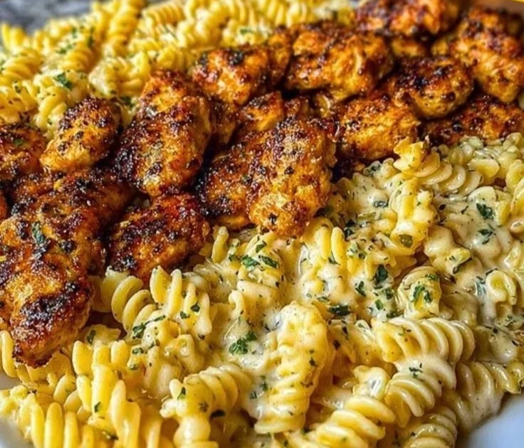 Cajun Garlic Butter Chicken served with creamy Parmesan twisted pasta