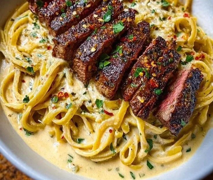 Cajun Garlic Butter Steak served with creamy Parmesan linguine on a plate