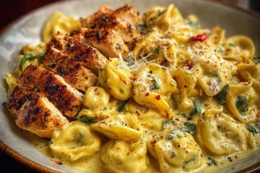 Creamy Cajun Garlic Chicken Tortellini in a bowl garnished with parsley