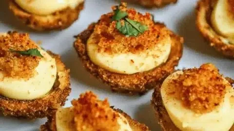 Cajun Style Fried Deviled Eggs served on a platter with garnish