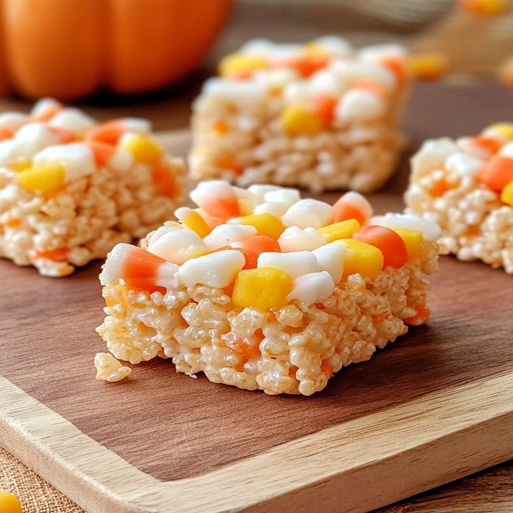 Colorful Candy Corn Rice Krispie Treats on a festive plate