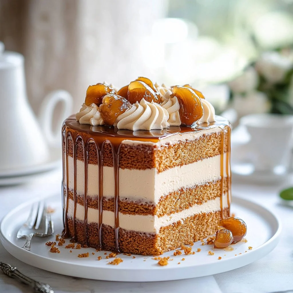 Delicious slice of Caramel Ginger Cake topped with caramel drizzle
